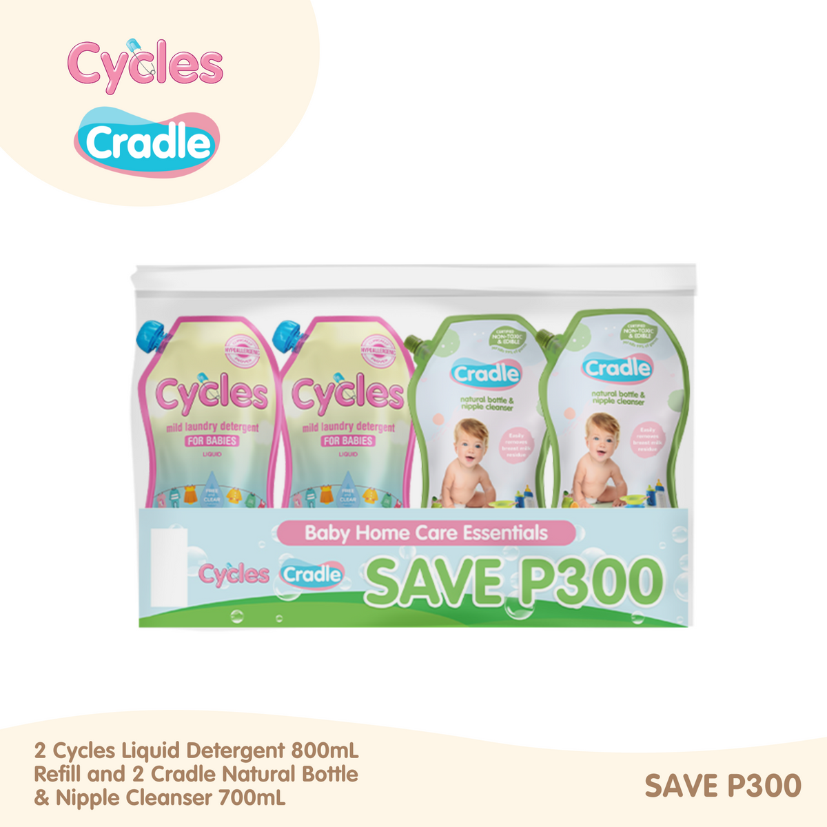 Buy 2 Cycles Liquid Detergent 800ml Refill and 2 Cradle BBNC 700ml Refill, Save P300