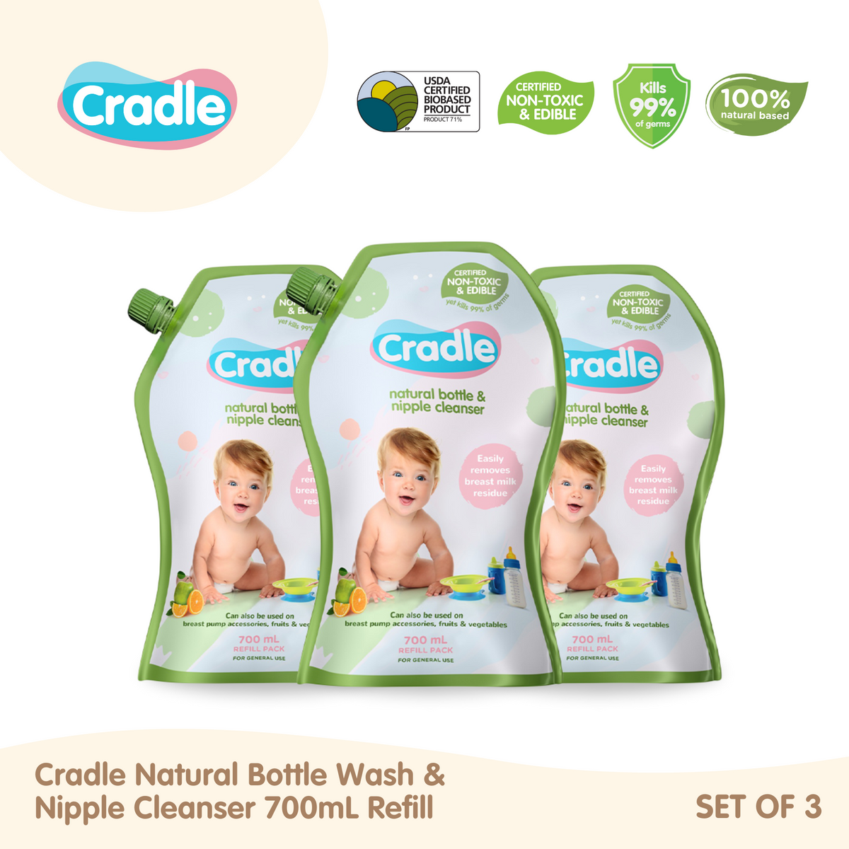 Cradle Natural Bottle Wash & Nipple Cleanser 700ml (500mL + FREE 200mL) Set of 3