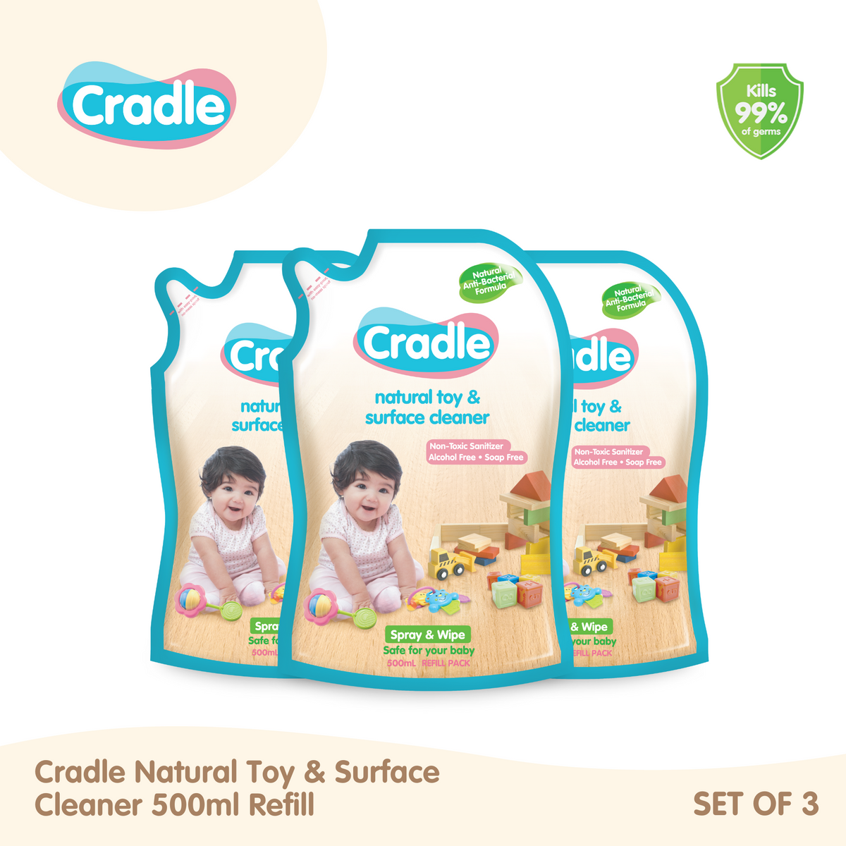 Cradle Natural Toy & Surface Cleaner 500ml Refill Pack Set of 3