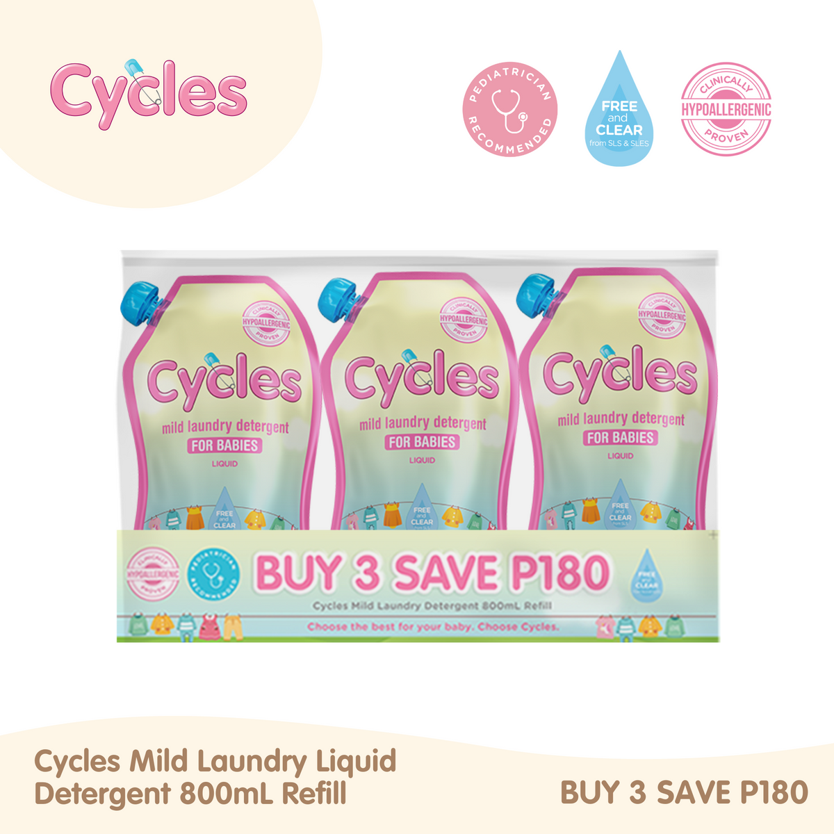 Cycles Liquid Laundry 800mL Refill 3x, Save P180