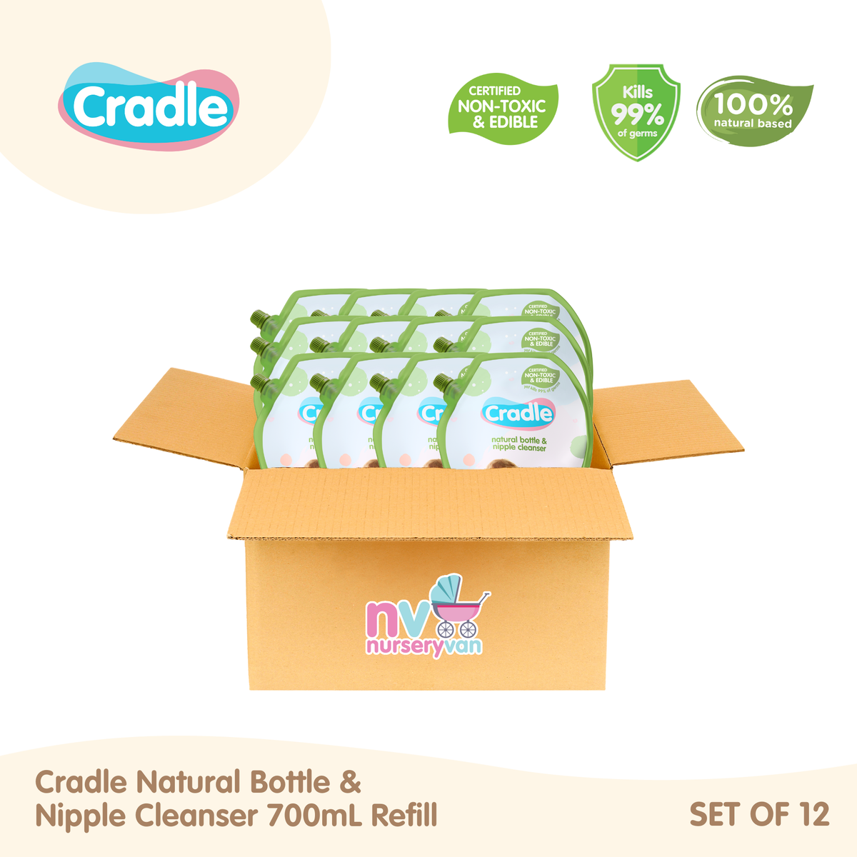 Cradle Natural Bottle & Nipple Cleanser 700ml Refill Set of 12