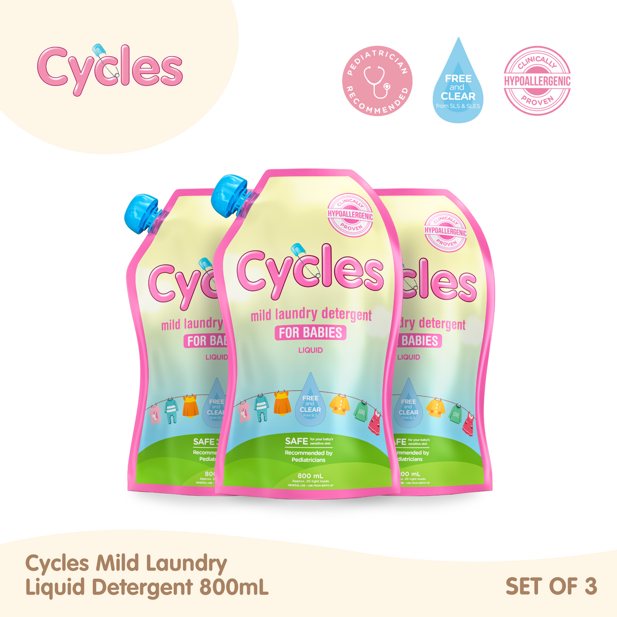 Cycles Mild Laundry Liquid Detergent 800ml Refill Set of 3