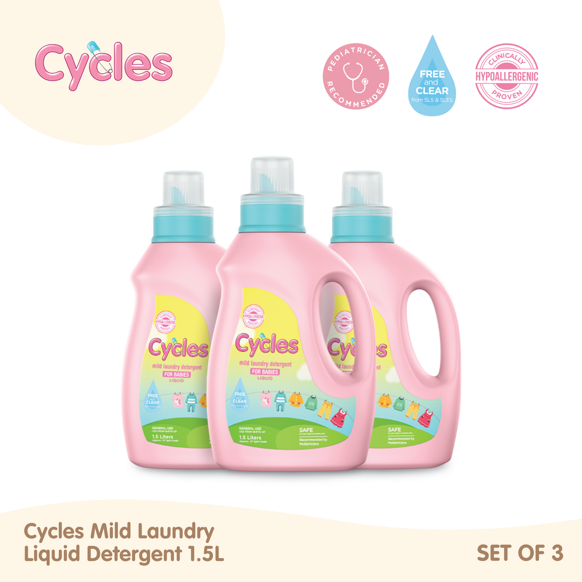 Cycles Mild Laundry Baby Detergent 1.5L (Set of 3)