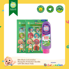 Bite Block Mosquito Protection Bundle with Kids 100mL and 2 Cocomelon Citronella Patches 12s