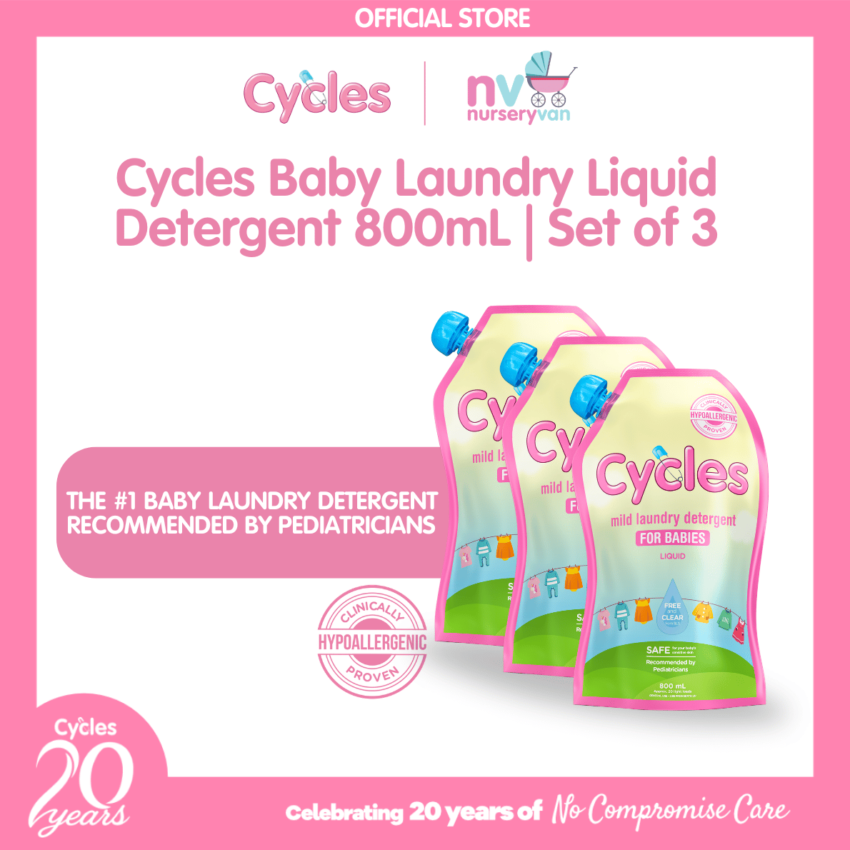 Cycles Mild Laundry Liquid Detergent 800ml Refill Set of 3