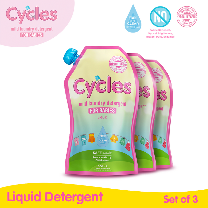 Cycles Mild Laundry Liquid Detergent 800ml Refill Set of 3
